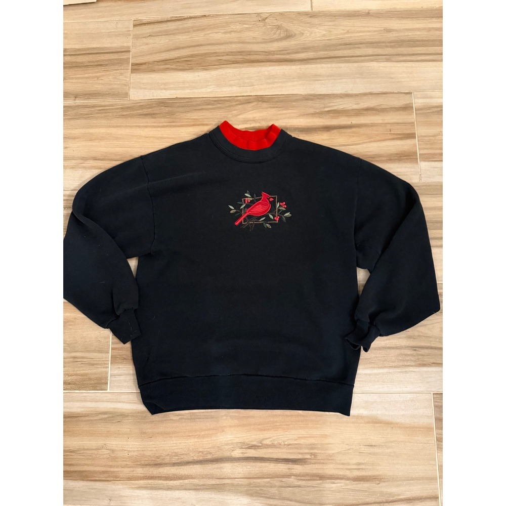 Top Stitch by Morning Sun‎ Cardinal Embroidered Sweatshirt Mock Neck Black Large
